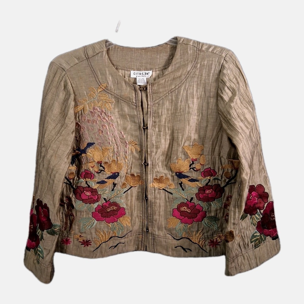 Citron Santa Monica Linen Blouse Medium Embroidered Hook & Eye Crop 3/4 Sleeve